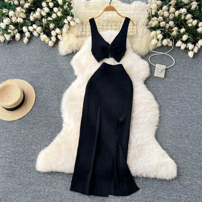 Elegant Two-Piece Knitted Vest with Slimming Slit Skirt - Modest & Stylish
