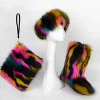 Luxurious Velvet Padded Plus Size Fox Fur Snow Boots Set with Hat & Bag - Warm Winter Fashion for Women