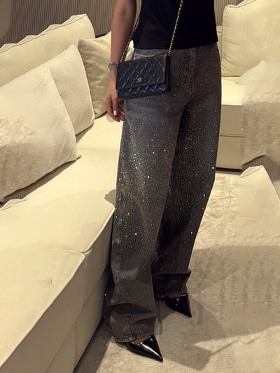 Women's Rhinestone Wide-Leg Jeans – High-Waisted Sparkle Denim