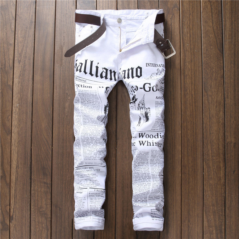 Vintage Streetwear Denim Jeans - Bold Newspaper Print for Men & Women