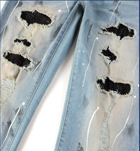 Jeans Ripped Rhinestone Graffiti Skinny Pants