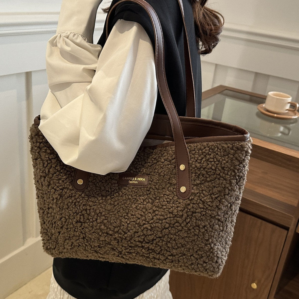 Furry Color‑Block Shoulder Bag – Soft Cotton Retro Bucket Tote for Everyday Wear What Else You Got?