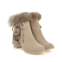 Elegant Faux Rabbit Fur Lace-Up Chunky Heel Boots - Fashionable & Warm