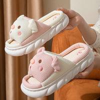 Adorable Piggy Cartoon Slippers – Cozy Open Toe Linen House Shoes for Couples