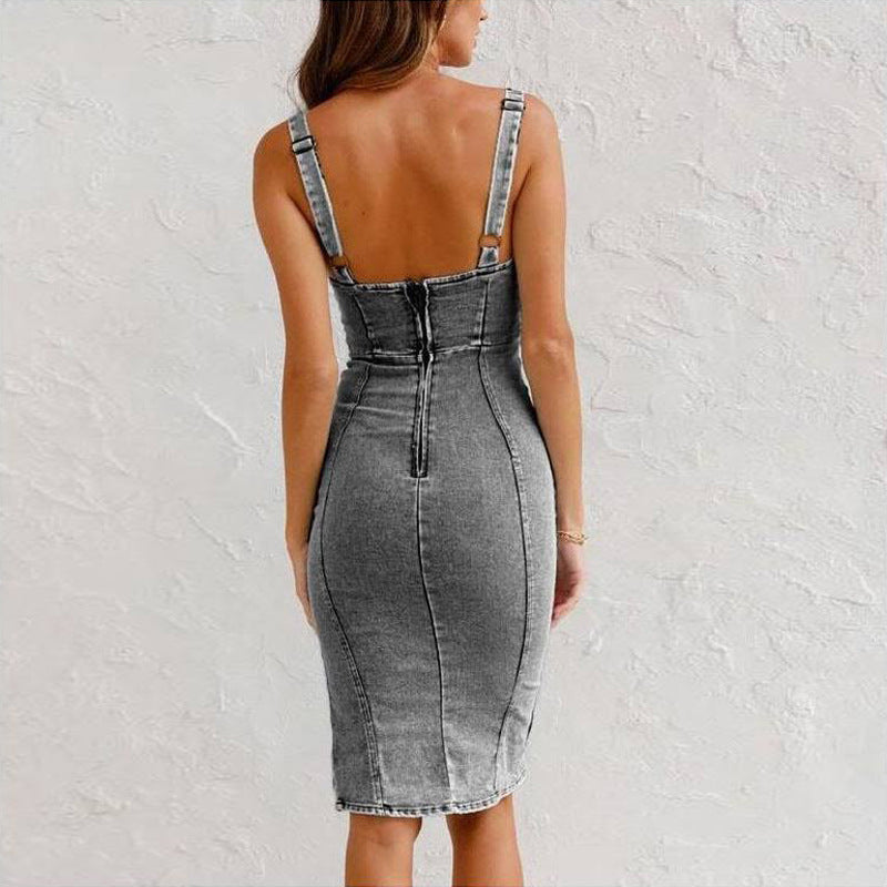New U-neck Suspender Denim Dress Summer Casual Tight Slim Fit Dresses With Slit Design Womens Clothing What Else You Got?