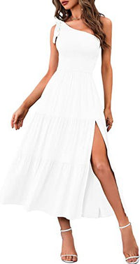 Elegant One-Shoulder Pleated Dress with Flirty Split Hem – Summer Chic