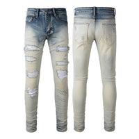 Street Trend Men's Distressed Hole & Patch Diamond Denim Jeans - Slim Fit Casual Wear
