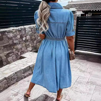 Elegant Women's Denim Dress - Summer Chic Lapel Slim-Fit with Short Sleeves