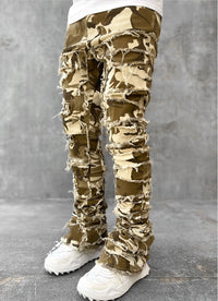 Men’s Bold Stacked Ripped Patch Jeans – Fashionable Streetwear Denim