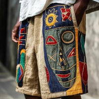 Tribal Art Men's Casual Shorts - Retro Geometric Design, Linen Blend, Khaki