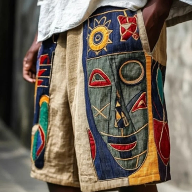Tribal Art Men's Casual Shorts - Retro Geometric Design, Linen Blend, Khaki