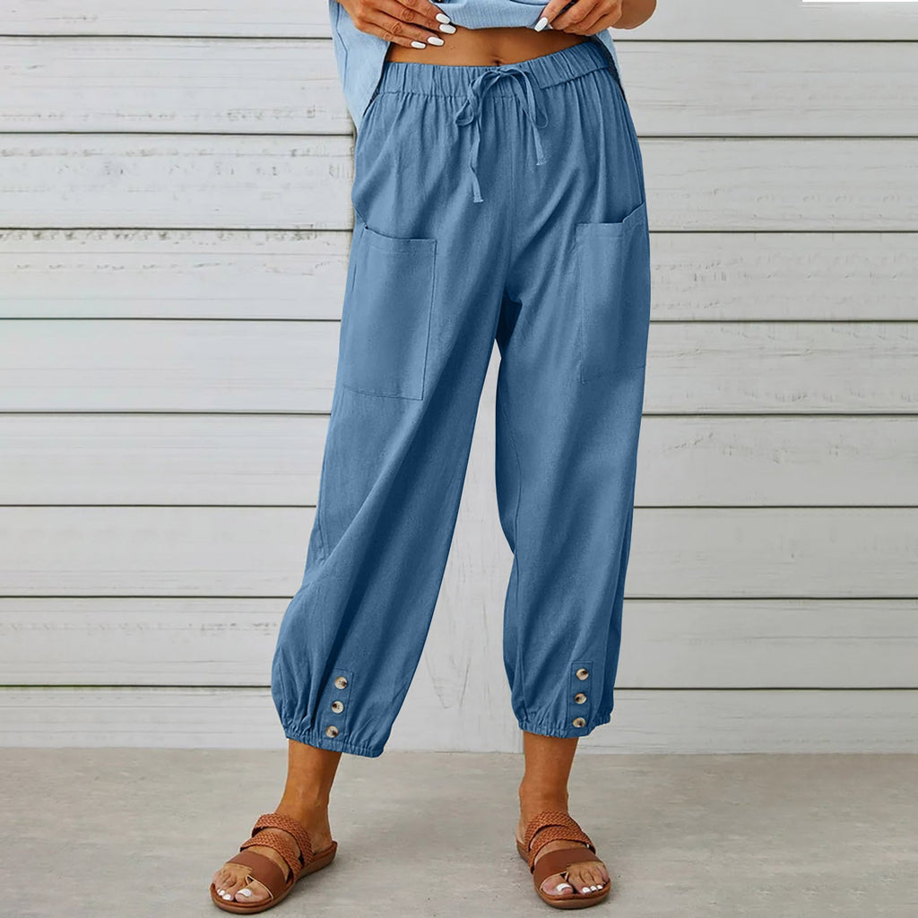 Women Drawstring Tie Pants Spring Summer Cotton And Linen Trousers With Pockets Button What Else You Got?