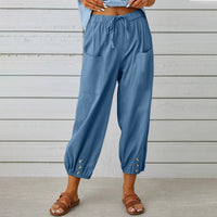 Elegant Christian Women's Drawstring Pants - Comfortable Cotton & Linen Trousers with Pockets & Buttons