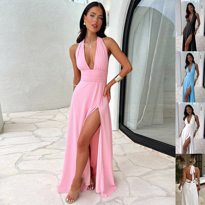 Women's Halterneck Slit Dress – Backless V-Neck Evening Dress