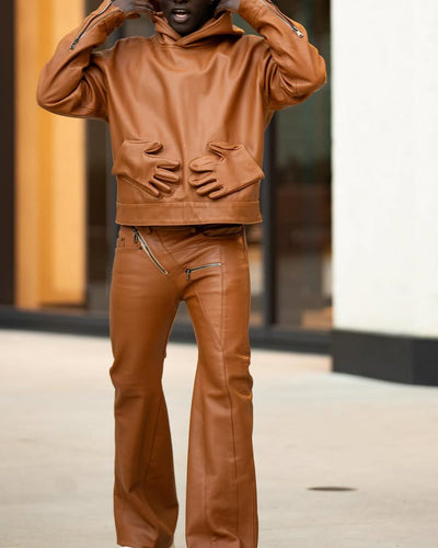 Men's Palm Print Leather Jacket & Pants 2-Piece Set