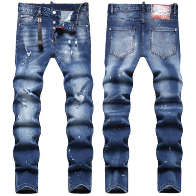 Men’s Stylish Ripped Jeans – Blue Denim with Trendy Ornament Detailing (Mid-Waist, Slim Fit)