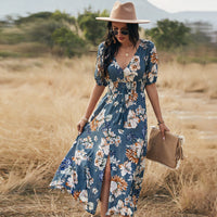 Graceful Summer Floral Dress - V Neck Elastic Waist Comfort Fit for Women