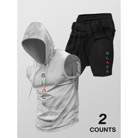 Running Fitness Printed Hooded Sleeveless Tank Top And Shorts Set