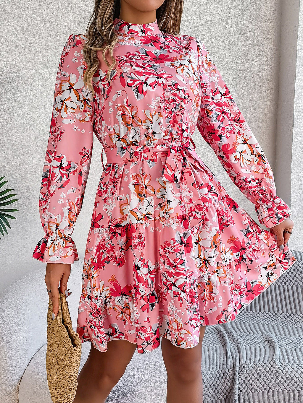 Standing Collar Floral Print Waist-controlled Long Sleeves Ruffled A-line Dresses For Women Spring Autumn Ruffle Edge Long Dress What Else You Got?
