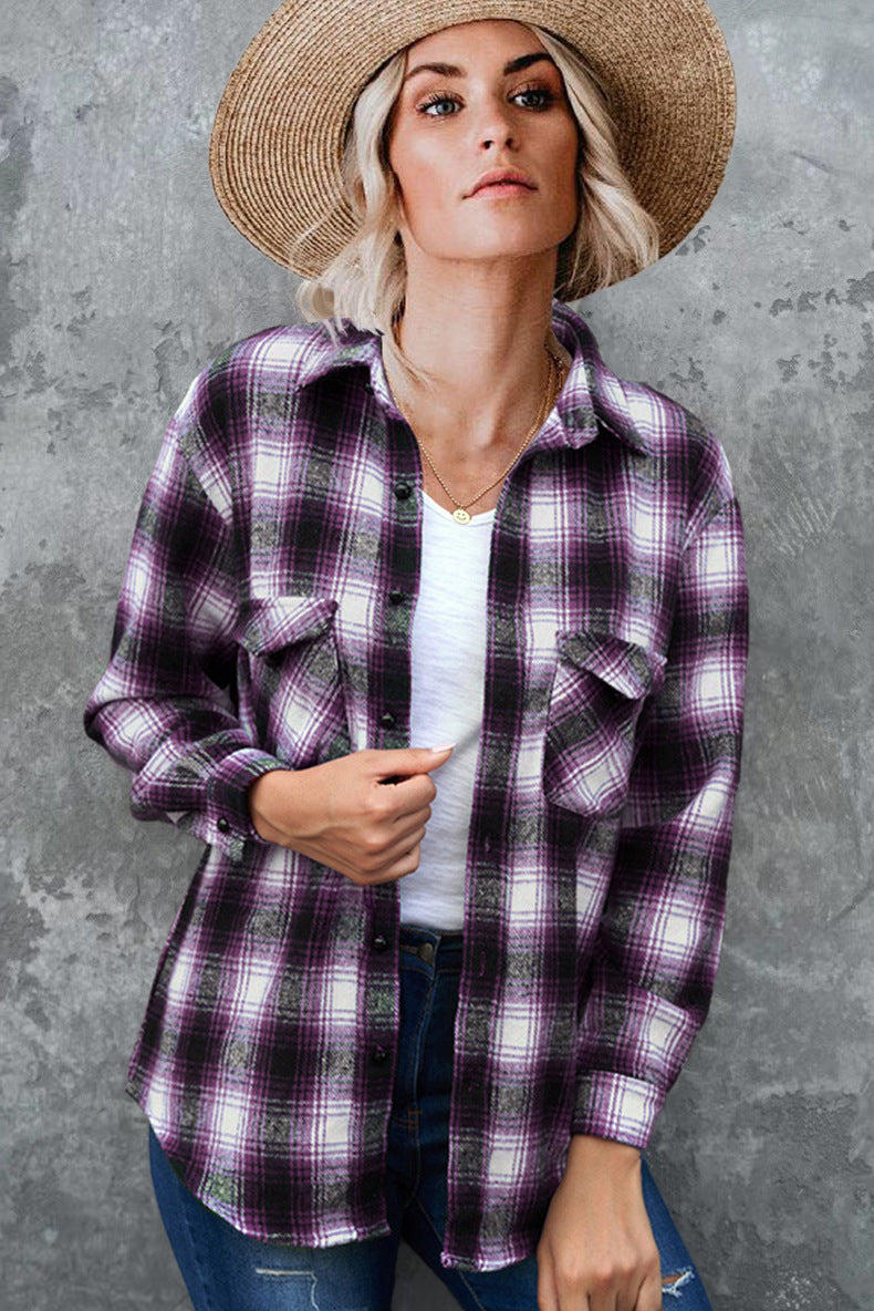 Women's Plaid Flannel Shirt | Loose Fit Spring Blouse | Turndown Collar Mid-Length Overshirt What Else You Got?