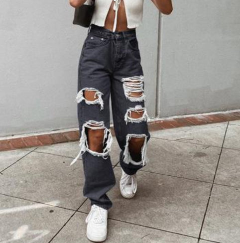 Women's American Retro Hole-punched Jeans Women High Waist Straight-crotch Loose Slim Design High-street Vibe Wide-legged Dragging Pants What Else You Got?