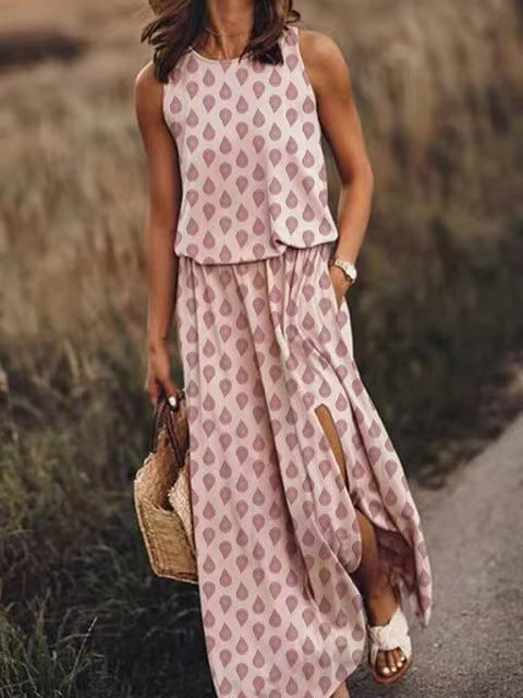 Women Summer Dresses Fashion Side Slit Long Dress With Pockets Vestidos Solid Casual O-Neck Sleeveless A-Line Sundress For Holiday What Else You Got?