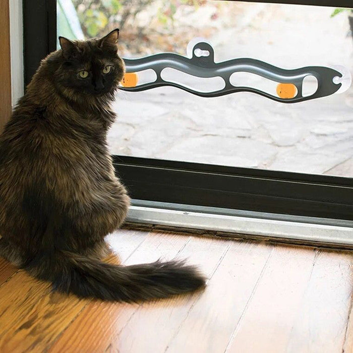 Window-Mounted Cat Track Ball Toy & Climbing Frame – Interactive Windowsill Play Rail for Indoor Cats