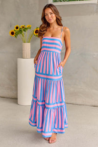 Graceful Striped Beach Dress with Chic Suspenders & Pockets – Summer Vacation Essential for Women