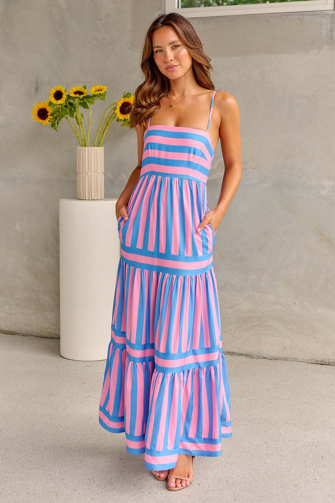 Summer Striped Printed Suspender Long Dress With Pockets Fashion Square Neck Backless Dresses For Beach Vacation Women Clothing What Else You Got?