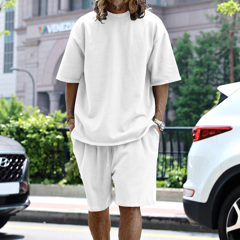 2pcs Loose Sports Suits Summer Round Neck Short-sleeved T-shirt And Drawstring Pockets Shorts Casual Solid Color Set Mens Clothing What Else You Got?