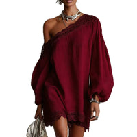 Women's Off-Shoulder Lace Trim Blouse – Elegant & Comfortable Long-Sleeve Top