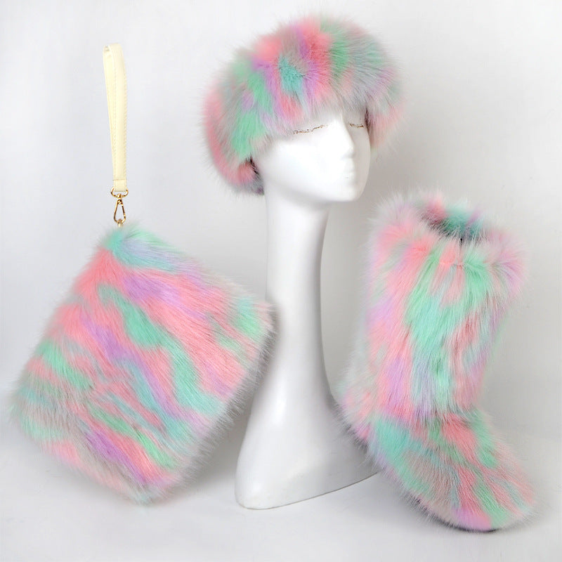 Velvet Padded Plus Size Imitation Fox Fur Fur Women's Snow Boots Three-piece Set What Else You Got?