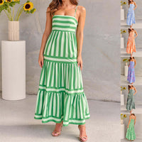 Graceful Striped Beach Dress with Chic Suspenders & Pockets – Summer Vacation Essential for Women