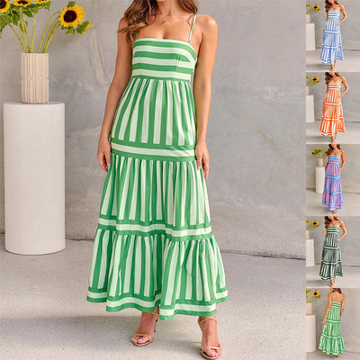 Graceful Striped Beach Dress with Chic Suspenders & Pockets – Summer Vacation Essential for Women