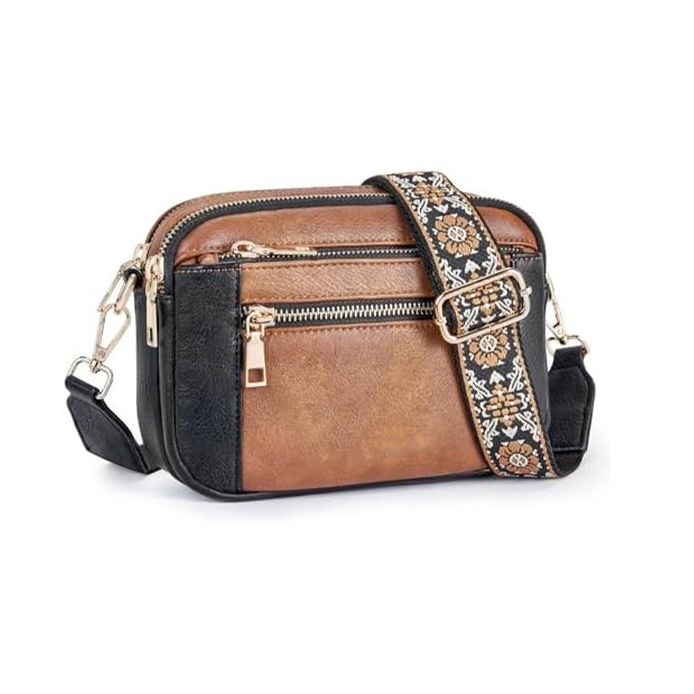 Triple-zipper Shoulder Bag With Floral Embroidered Straps Fashion Colorblock Multi-functional Crossbody Bags For Women What Else You Got?