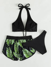 Tropical Leaf Print 3-Piece Bikini Set with Stylish Shorts Cover-Up