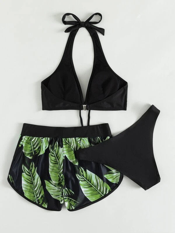 3pcs Leaf Print Bikini With Shorts Fashion Summer Beach Swimsuit Womens Clothing What Else You Got?