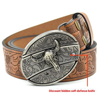 Christian Trendy Belt with Engraved Knife Buckle - Embossed PU Leather Belt for Men