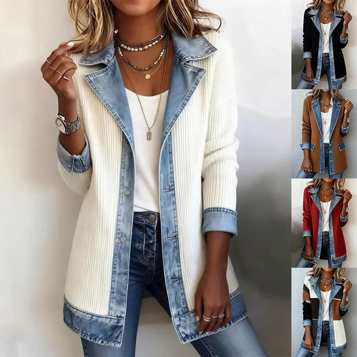 Chic Denim Patchwork Jacket - Trendy Commuter Lapel Button-Down Long-Sleeve Top for Women