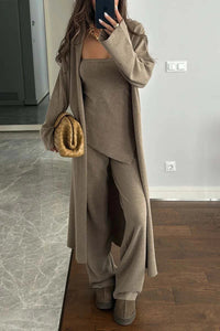 Elegant 3-Piece Modest Knit Set: Chic Cotton Coat & Wide-Leg Pants (Khaki, Gray, Red)