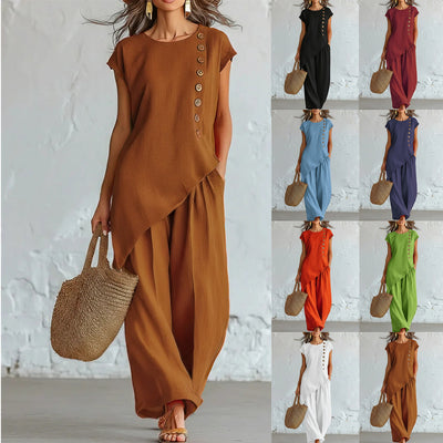 Elegant Women's Two-Piece Crewneck Button-Up & Wide-Leg Pants Set – Casual Chic Outfit