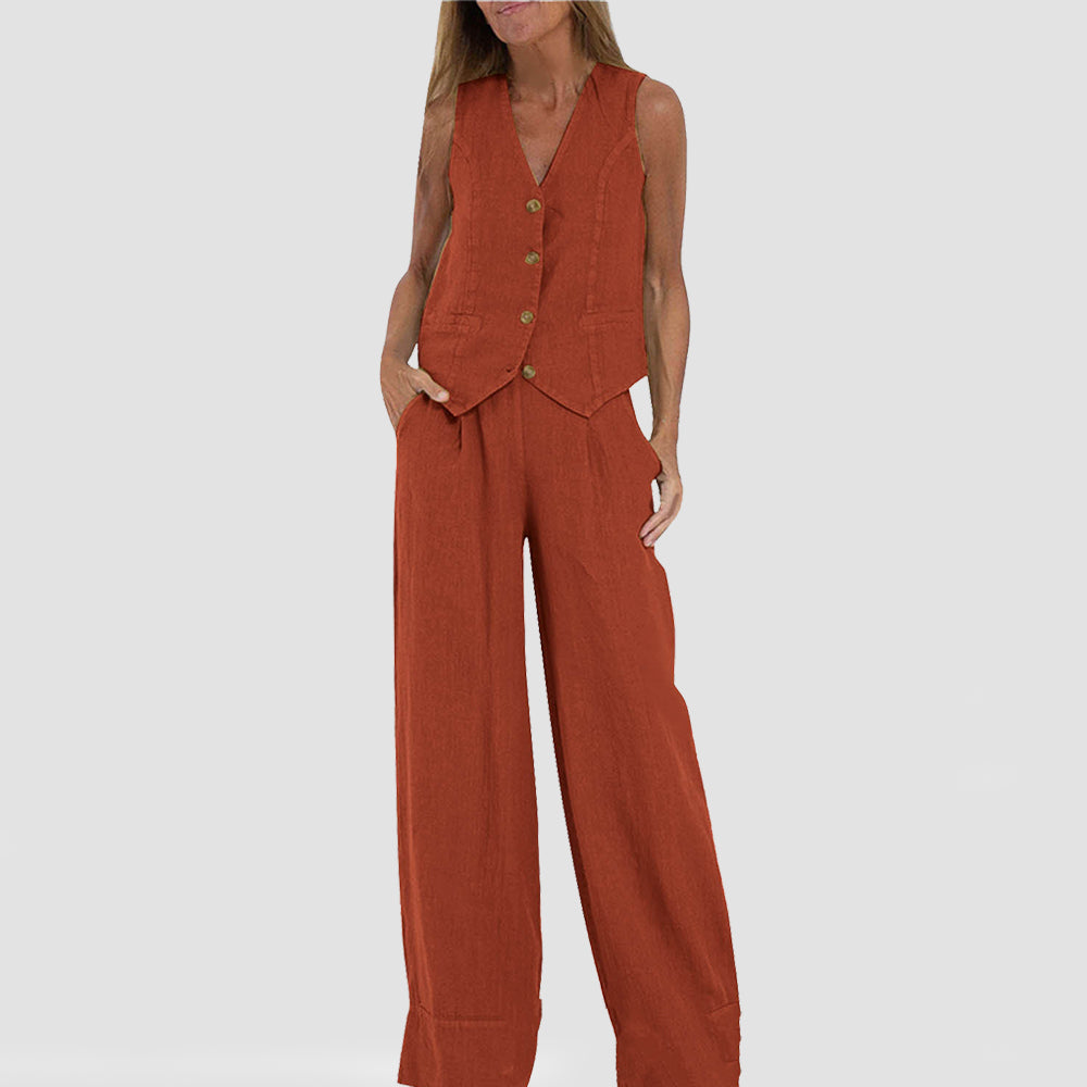 Summer Vest Suits V-neck Botton Sleeveless Top And Loose Straight Trousers Casual Womens Clothing What Else You Got?
