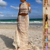 Elegant 2-Piece Halter Top & Pleated Long Skirt Beach Set - Summer Fashion for Women