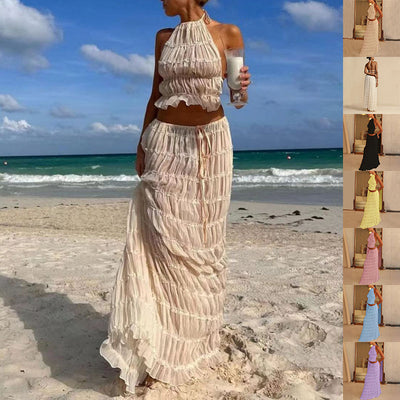 Elegant 2-Piece Halter Top & Pleated Long Skirt Beach Set - Summer Fashion for Women