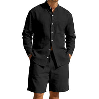 Men's Linen Summer Shirt & Shorts Set - Breathable Vintage Stand Collar Beach Suit - Lightweight & Comfortable