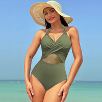 Elegant Halter-Neck Cross-Strap Swimsuit – Modest & Stylish Beachwear