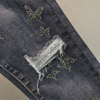 High Waist Slim Slimming Butterfly Hot Rhinestone Cotton Elastic Feet Pencil Pants