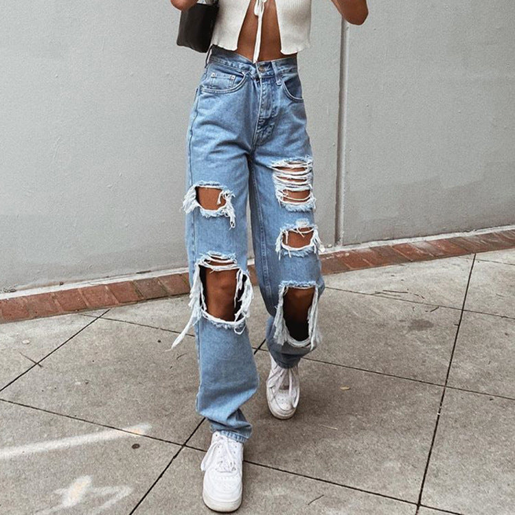 Women's American Retro Hole-punched Jeans Women High Waist Straight-crotch Loose Slim Design High-street Vibe Wide-legged Dragging Pants What Else You Got?