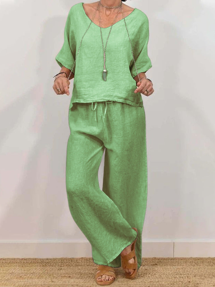 Womens Multi-Color Two-Piece Set Casual V-Neck Pullover With Three-Quarter Sleeves And Extended Pants What Else You Got?