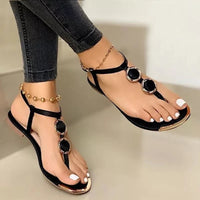 Women's Flat Beach Sandals – Metal Buckle Round Toe Summer Shoes in White, Black & Gold | Comfortable & Stylish